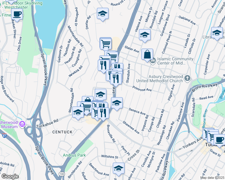 map of restaurants, bars, coffee shops, grocery stores, and more near 1686 Central Park Avenue in Yonkers