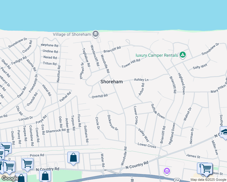 map of restaurants, bars, coffee shops, grocery stores, and more near 52 Woodville Road in Shoreham