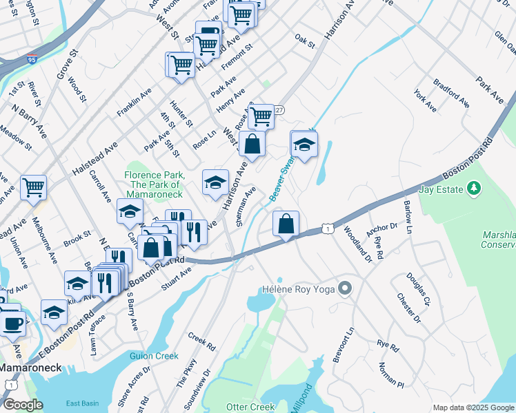 map of restaurants, bars, coffee shops, grocery stores, and more near 1316 Stoneybrook Avenue in Mamaroneck