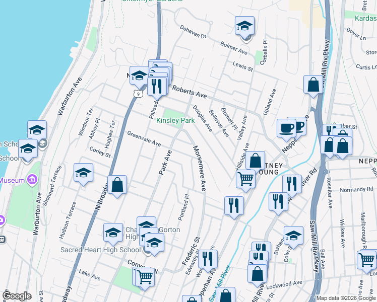 map of restaurants, bars, coffee shops, grocery stores, and more near 129 Greenvale Avenue in Yonkers