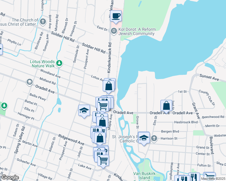 map of restaurants, bars, coffee shops, grocery stores, and more near 456 Kinderkamack Road in Oradell