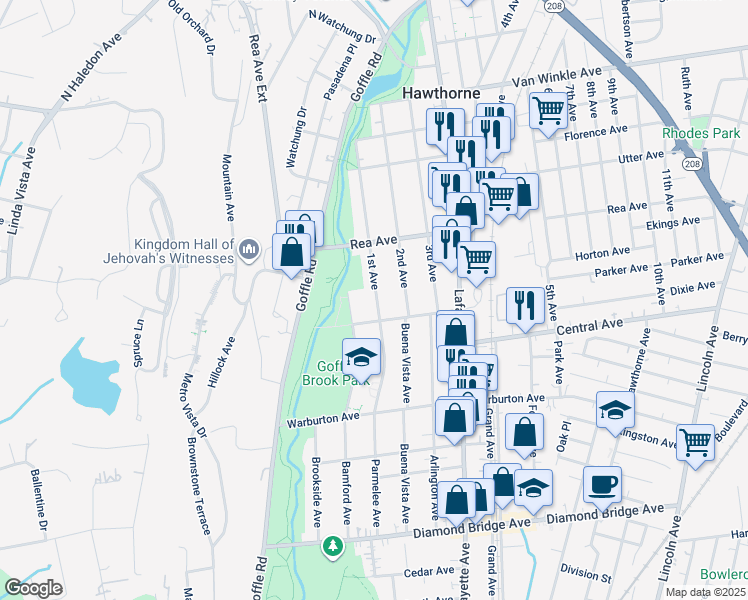 map of restaurants, bars, coffee shops, grocery stores, and more near 87 Vreeland Avenue in Hawthorne
