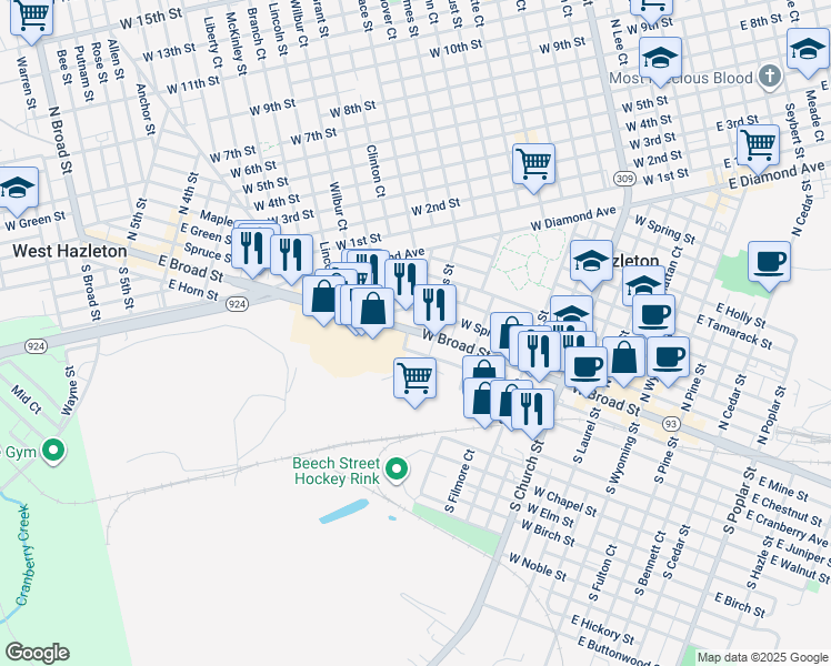 map of restaurants, bars, coffee shops, grocery stores, and more near 466 West Broad Street in Hazleton