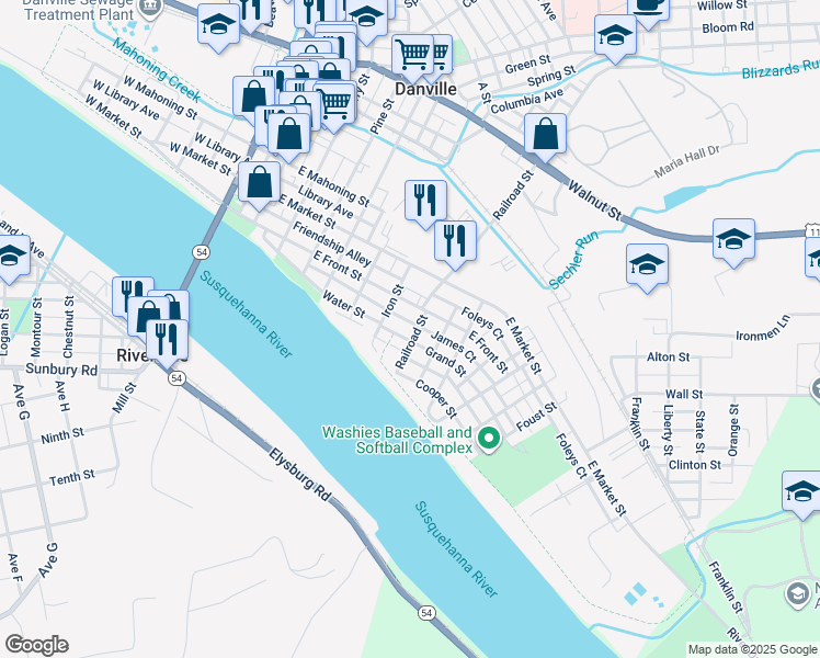 map of restaurants, bars, coffee shops, grocery stores, and more near 125 Railroad Street in Danville