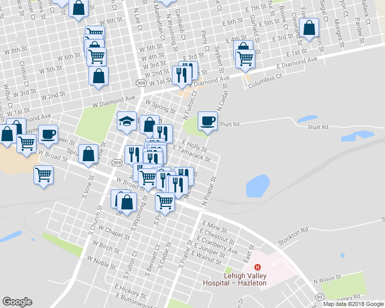 map of restaurants, bars, coffee shops, grocery stores, and more near East Tamarack Street in Hazleton