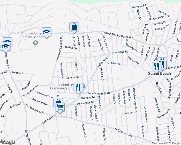 map of restaurants, bars, coffee shops, grocery stores, and more near 336 Echo Avenue in Sound Beach