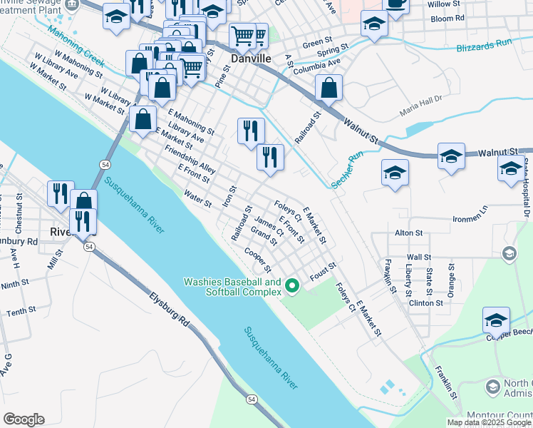 map of restaurants, bars, coffee shops, grocery stores, and more near 656 East Front Street in Danville
