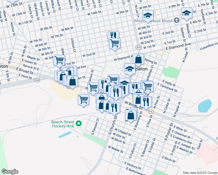 map of restaurants, bars, coffee shops, grocery stores, and more near 360 Spruce Street in Hazleton