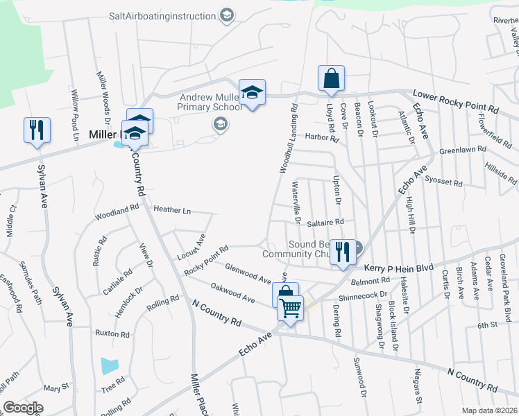 map of restaurants, bars, coffee shops, grocery stores, and more near 17 Woodhull Landing Road in Miller Place