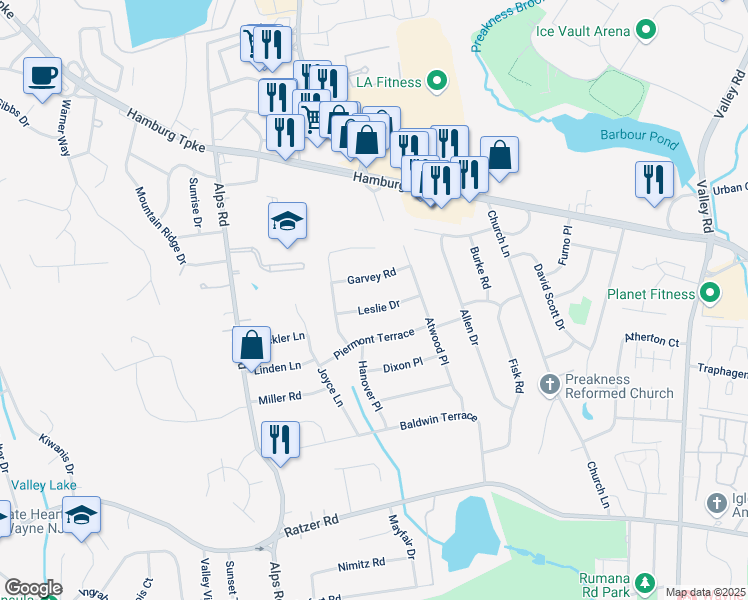 map of restaurants, bars, coffee shops, grocery stores, and more near 26 Leslie Drive in Wayne