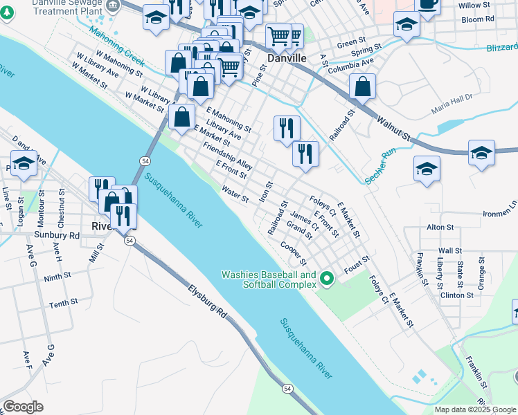 map of restaurants, bars, coffee shops, grocery stores, and more near 5 Grand Street in Danville