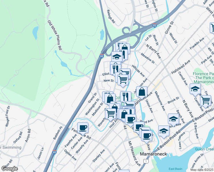 map of restaurants, bars, coffee shops, grocery stores, and more near 72 Grand Street in Mamaroneck