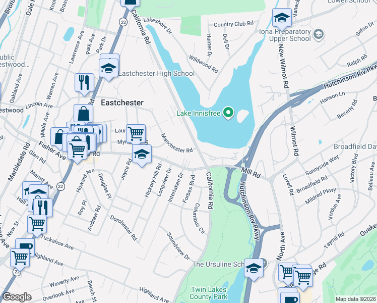 map of restaurants, bars, coffee shops, grocery stores, and more near 87 Mill Road in Eastchester
