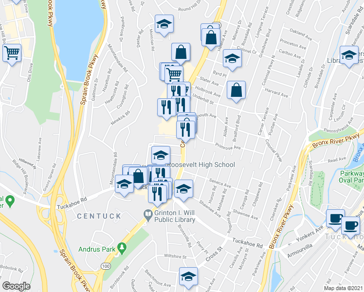 map of restaurants, bars, coffee shops, grocery stores, and more near 1663 Central Park Avenue in Yonkers