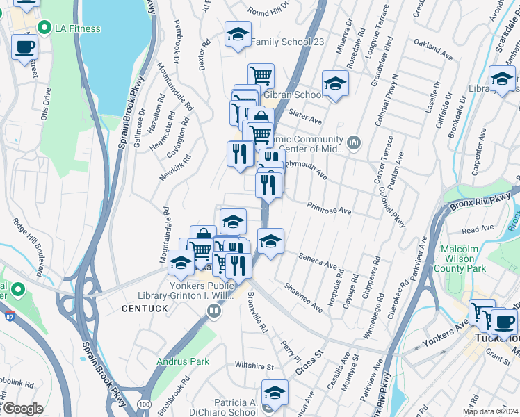 map of restaurants, bars, coffee shops, grocery stores, and more near 1661-1663 Central Park Avenue in Yonkers