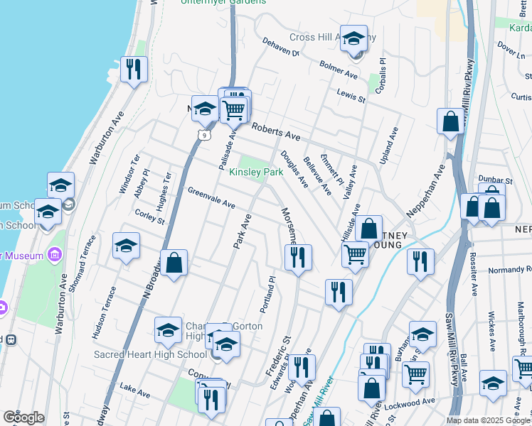 map of restaurants, bars, coffee shops, grocery stores, and more near 98 Greenvale Avenue in Yonkers