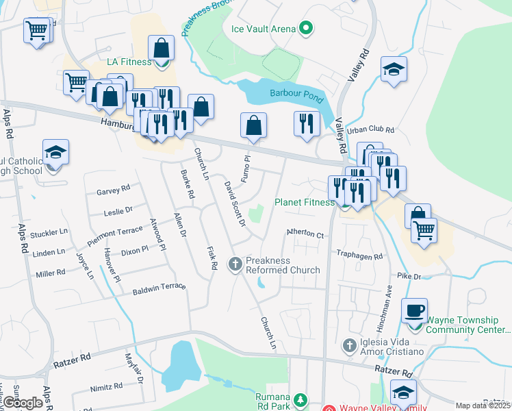 map of restaurants, bars, coffee shops, grocery stores, and more near 22 David Scott Drive in Wayne