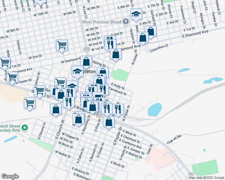 map of restaurants, bars, coffee shops, grocery stores, and more near 119 North Pine Street in Hazleton
