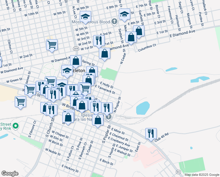 map of restaurants, bars, coffee shops, grocery stores, and more near 136 North Cedar Street in Hazleton