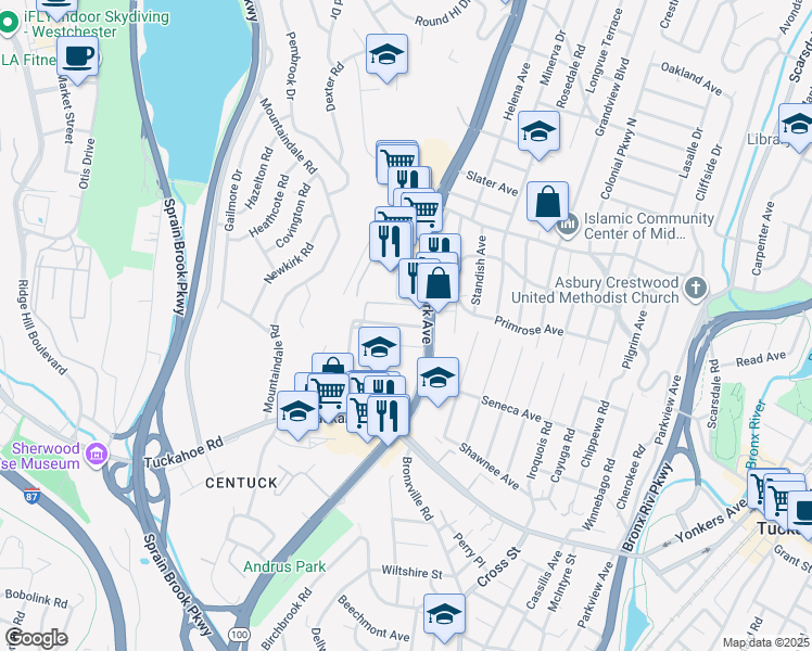map of restaurants, bars, coffee shops, grocery stores, and more near 1686 Central Park Avenue in Yonkers