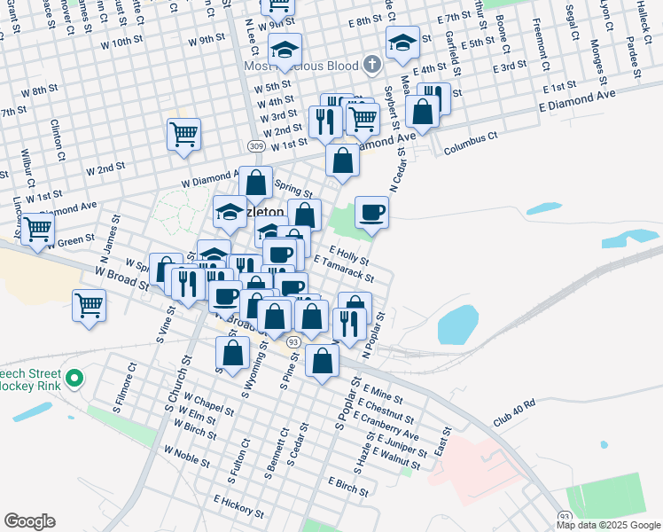 map of restaurants, bars, coffee shops, grocery stores, and more near 119 North Pine Street in Hazleton