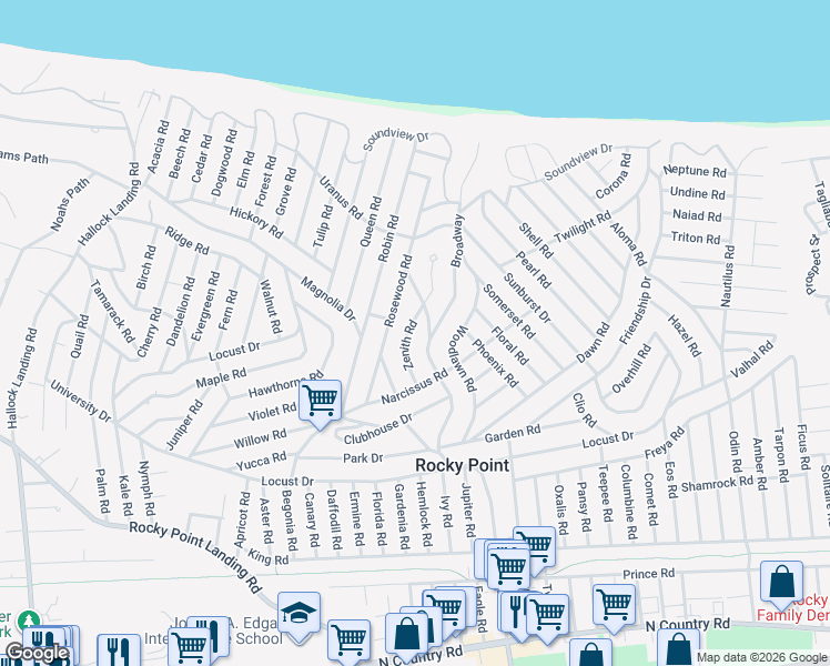 map of restaurants, bars, coffee shops, grocery stores, and more near 174 Broadway in Rocky Point
