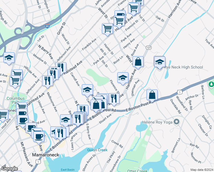 map of restaurants, bars, coffee shops, grocery stores, and more near 207 Jensen Avenue in Mamaroneck