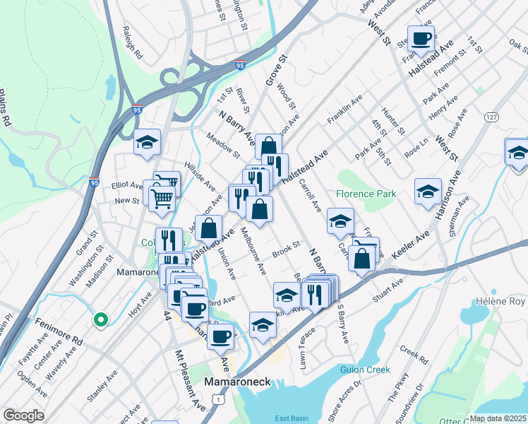 map of restaurants, bars, coffee shops, grocery stores, and more near 440 Beach Avenue in Mamaroneck