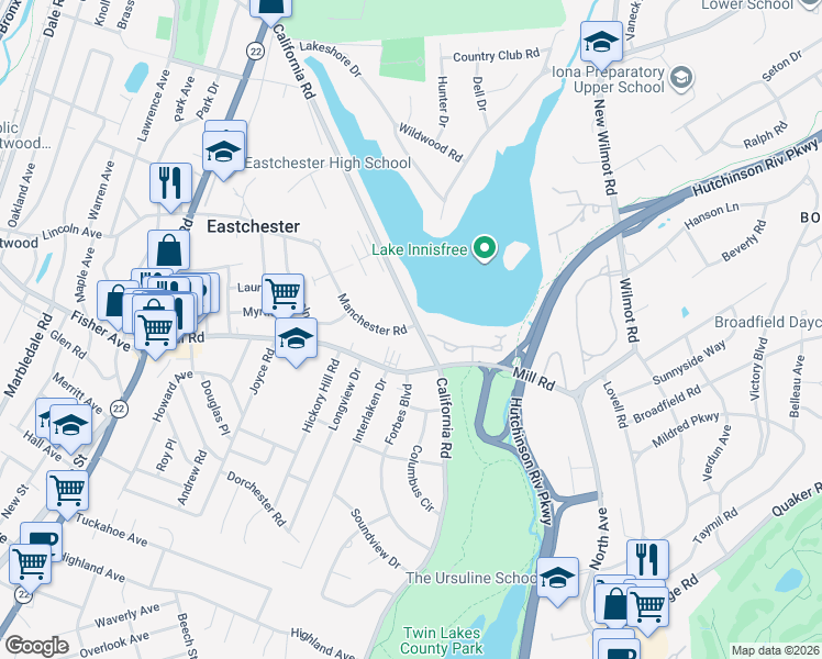 map of restaurants, bars, coffee shops, grocery stores, and more near 1177 California Road in Eastchester