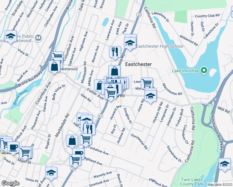 map of restaurants, bars, coffee shops, grocery stores, and more near 1 Mayfair Road in Eastchester