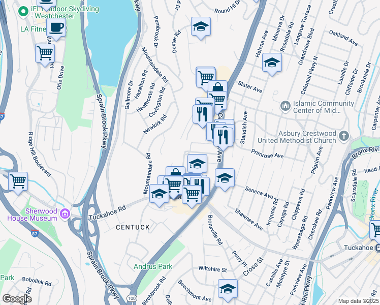 map of restaurants, bars, coffee shops, grocery stores, and more near 7 Sadore Lane in Yonkers