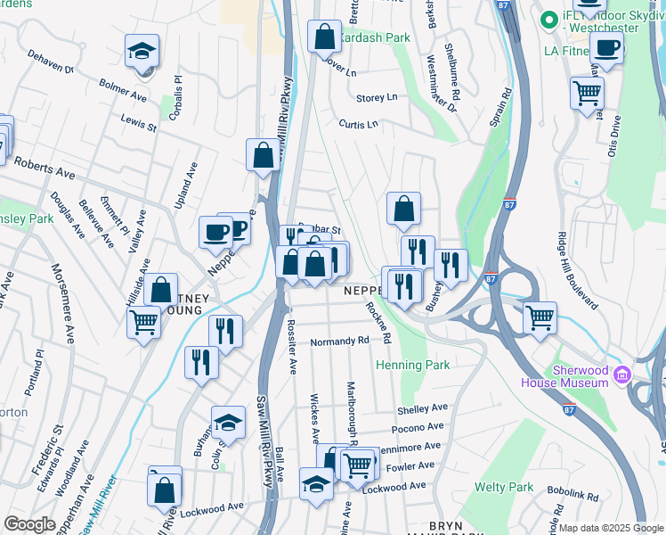 map of restaurants, bars, coffee shops, grocery stores, and more near 33 Tuckahoe Road in Yonkers