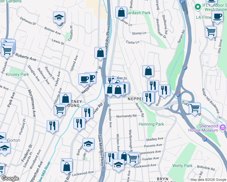 map of restaurants, bars, coffee shops, grocery stores, and more near in Yonkers