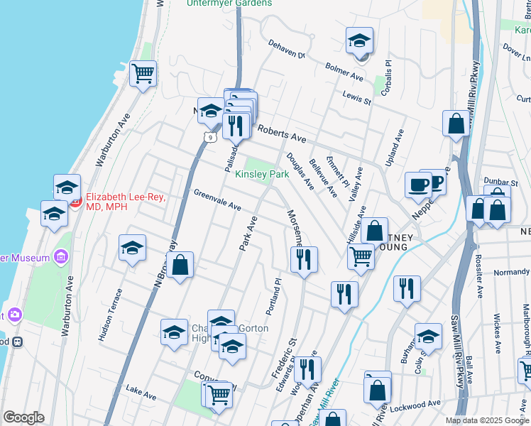 map of restaurants, bars, coffee shops, grocery stores, and more near 98 Greenvale Avenue in Yonkers