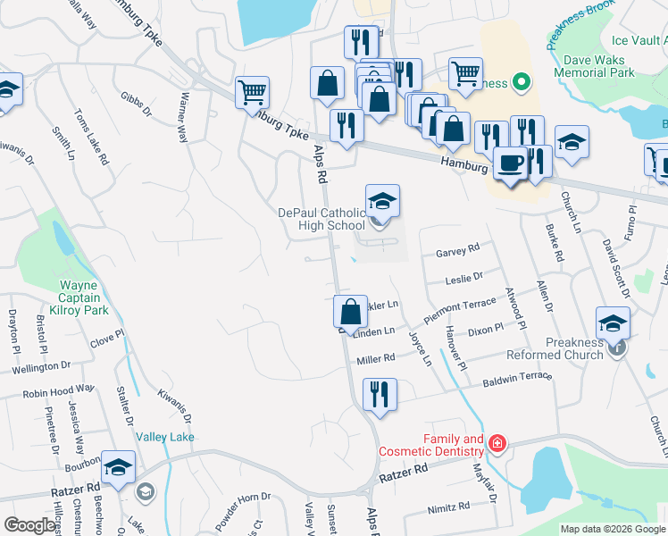 map of restaurants, bars, coffee shops, grocery stores, and more near 1450 Alps Road in Wayne