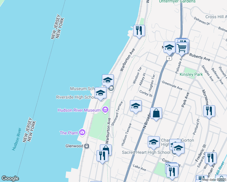 map of restaurants, bars, coffee shops, grocery stores, and more near Warburton Avenue in Yonkers
