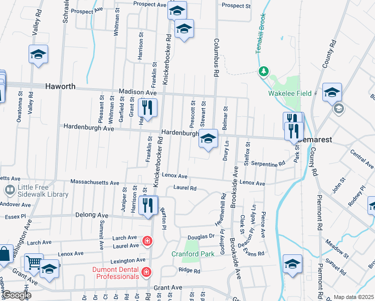 map of restaurants, bars, coffee shops, grocery stores, and more near 35 Prescott Street in Demarest