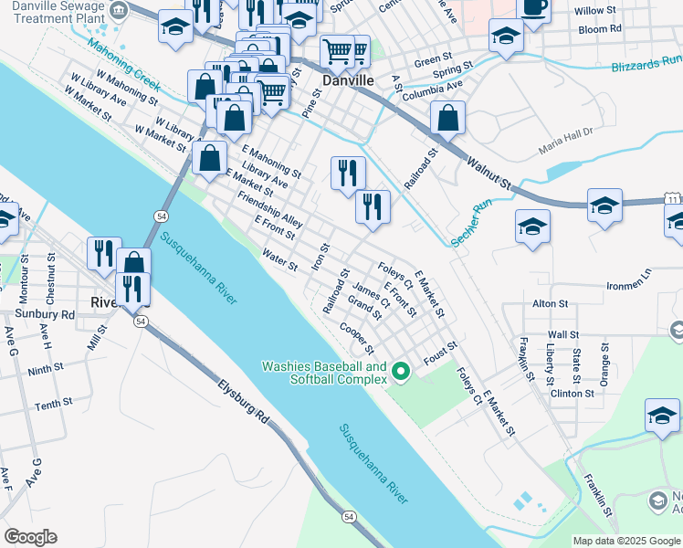 map of restaurants, bars, coffee shops, grocery stores, and more near 139 Railroad Street in Danville