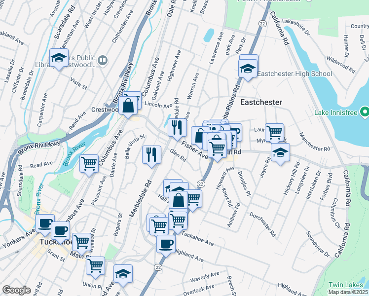 map of restaurants, bars, coffee shops, grocery stores, and more near 112 Fisher Avenue in Eastchester