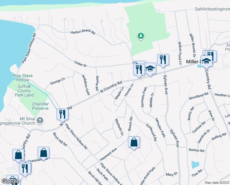 map of restaurants, bars, coffee shops, grocery stores, and more near 10 Magnolia Lane in Miller Place