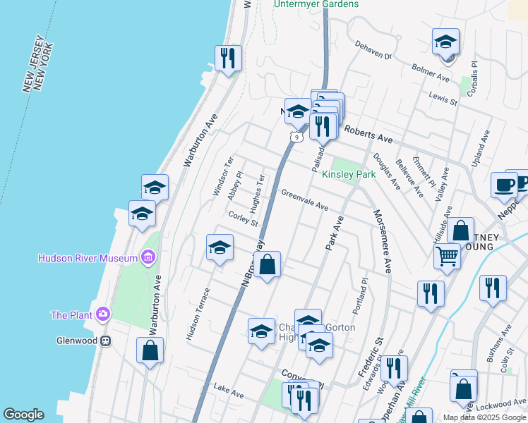 map of restaurants, bars, coffee shops, grocery stores, and more near 639 North Broadway in Yonkers