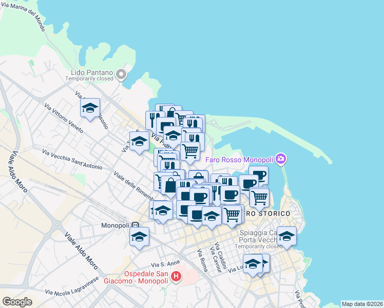 map of restaurants, bars, coffee shops, grocery stores, and more near 6 Via Remigio Ferretti in Monopoli