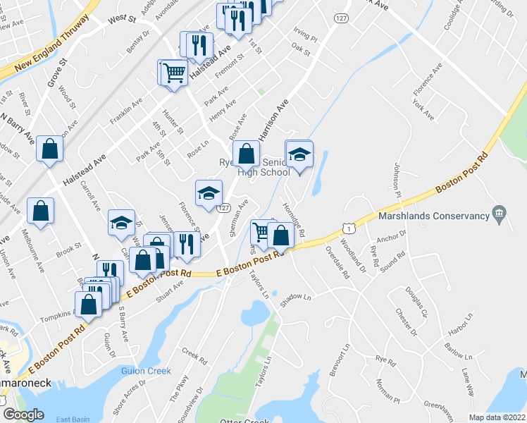 map of restaurants, bars, coffee shops, grocery stores, and more near 1415 Sunnyside Avenue in Mamaroneck
