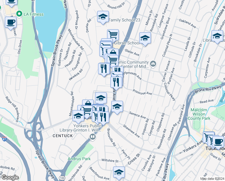 map of restaurants, bars, coffee shops, grocery stores, and more near 1686 Central Park Avenue in Yonkers