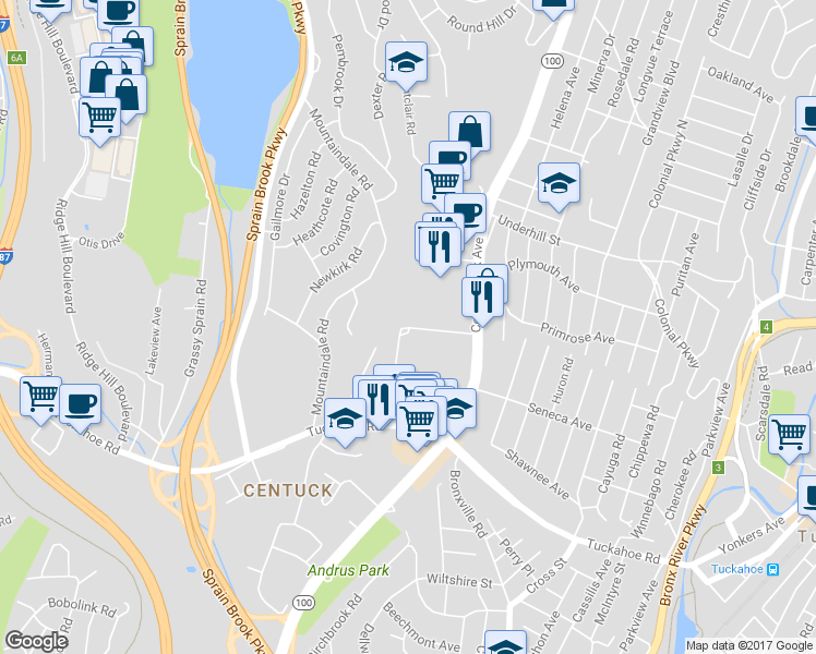 map of restaurants, bars, coffee shops, grocery stores, and more near 7 Sadore Lane in Yonkers