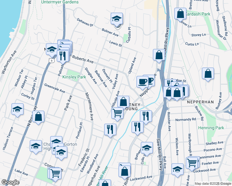 map of restaurants, bars, coffee shops, grocery stores, and more near 82 Hillside Avenue in Yonkers