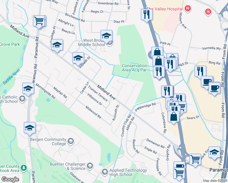 map of restaurants, bars, coffee shops, grocery stores, and more near 491 Tether Lane in Paramus