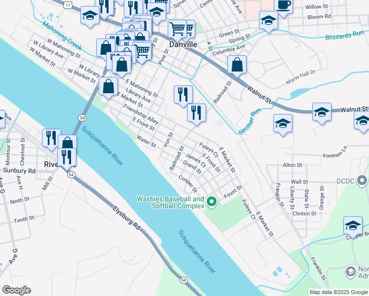 map of restaurants, bars, coffee shops, grocery stores, and more near 119 Grand Street in Danville