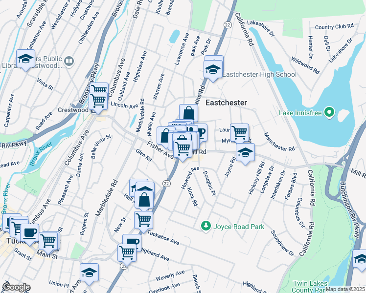 map of restaurants, bars, coffee shops, grocery stores, and more near 434 White Plains Road in Eastchester