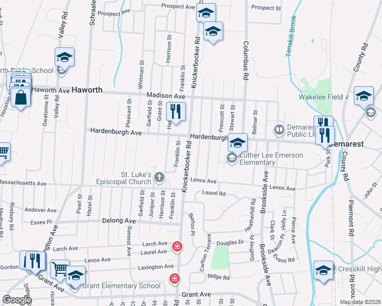 map of restaurants, bars, coffee shops, grocery stores, and more near 39 Knickerbocker Road in Demarest